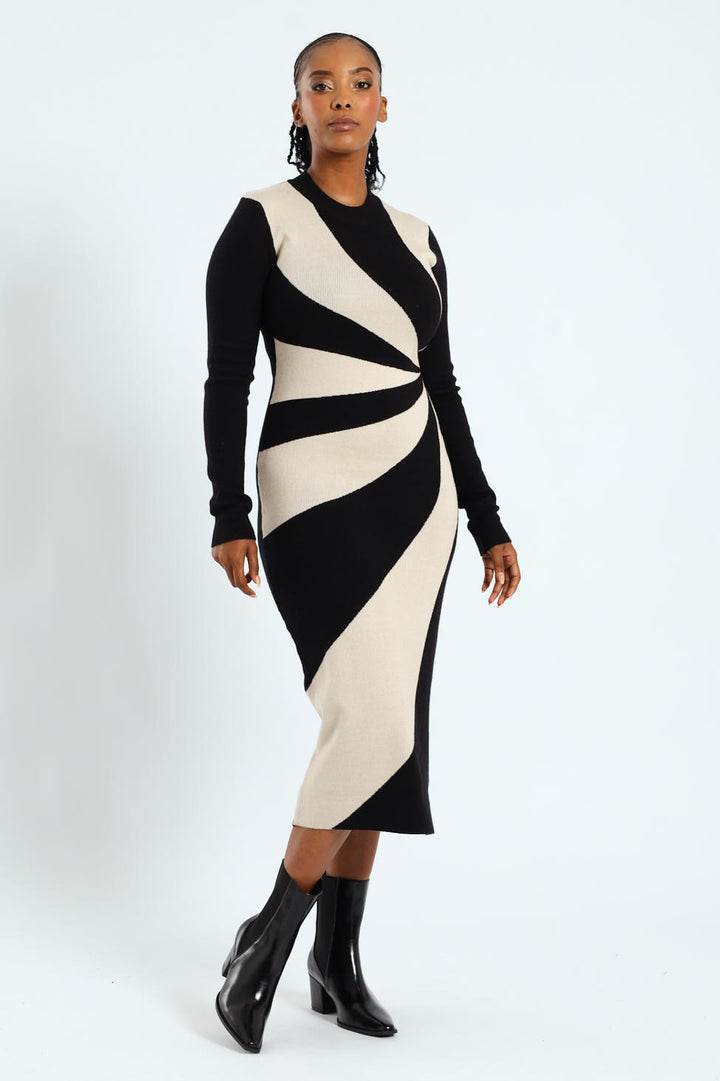 Monochrome Swirl Knitwear Midi Dress