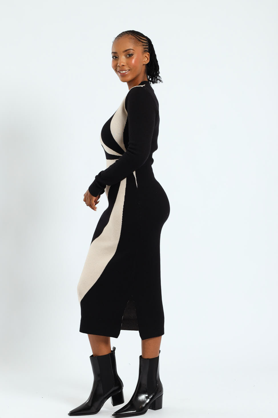 Monochrome Swirl Knitwear Midi Dress