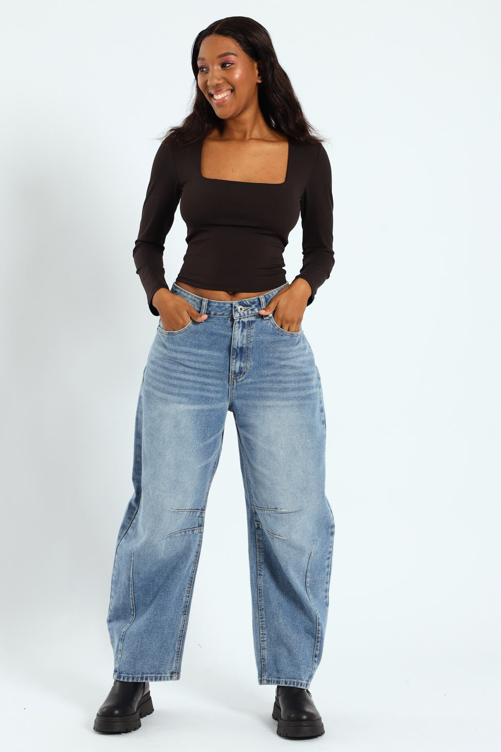 Long Sleeve Skin Tight Square Neck Top - Black