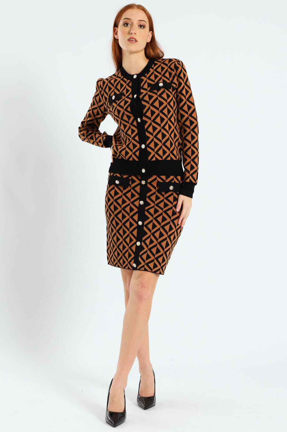 Crew Neck Chevron Cardigan - Brown