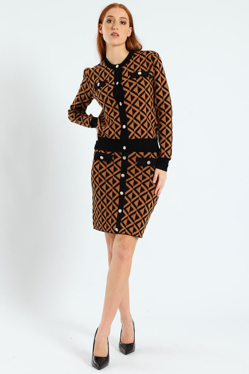 Crew Neck Chevron Cardigan - Brown