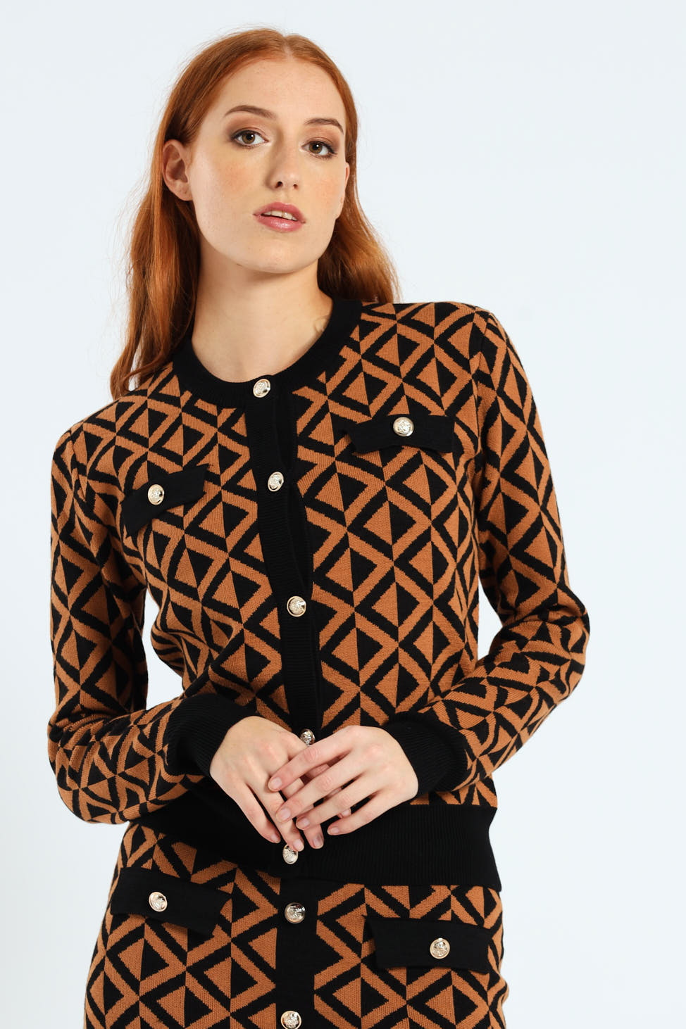 Crew Neck Chevron Cardigan - Brown