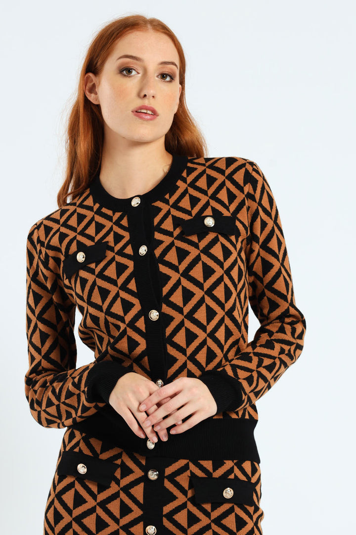 Crew Neck Chevron Cardigan - Brown