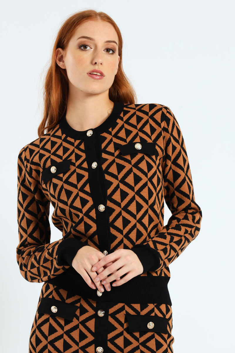 Crew Neck Chevron Cardigan - Brown