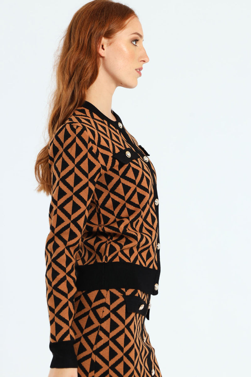 Crew Neck Chevron Cardigan - Brown