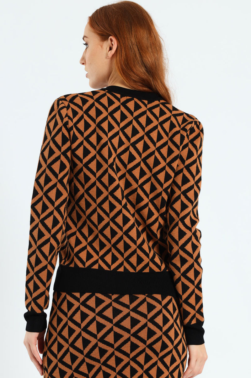 Crew Neck Chevron Cardigan - Brown