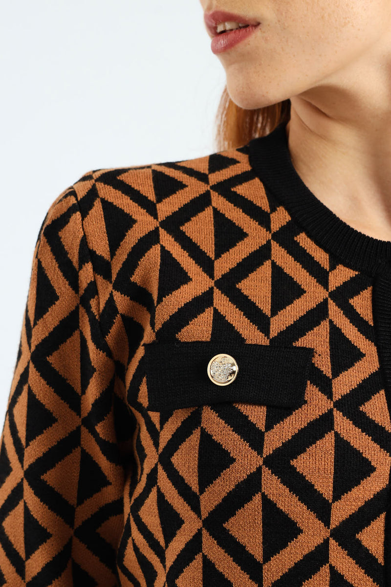 Crew Neck Chevron Cardigan - Brown