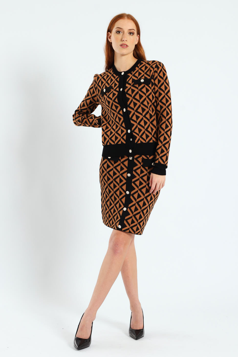 Chevron Knitwear Midi Skirt - Brown