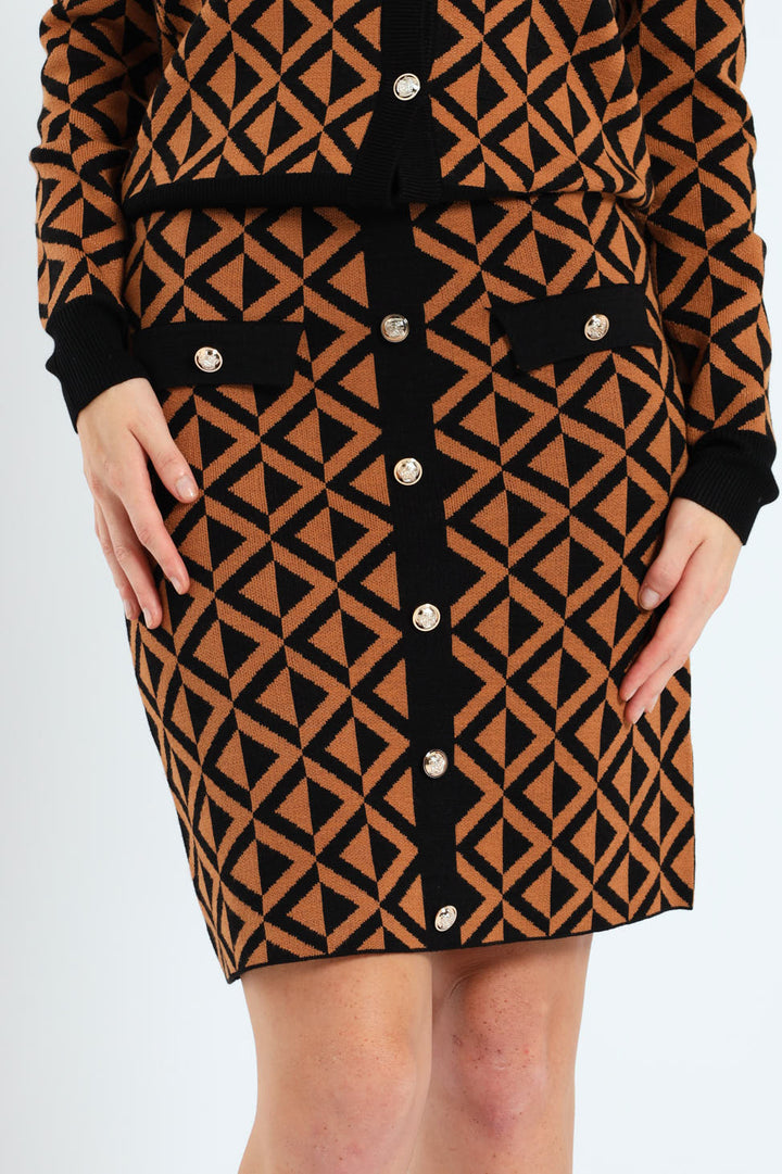 Chevron Knitwear Midi Skirt - Brown