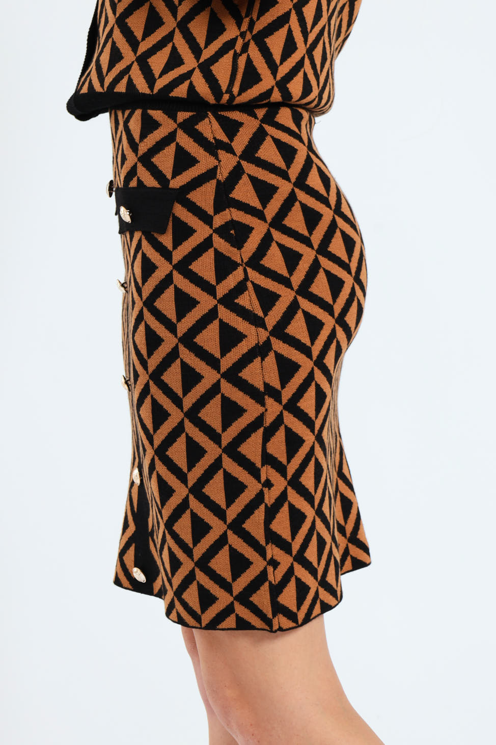 Chevron Knitwear Midi Skirt - Brown