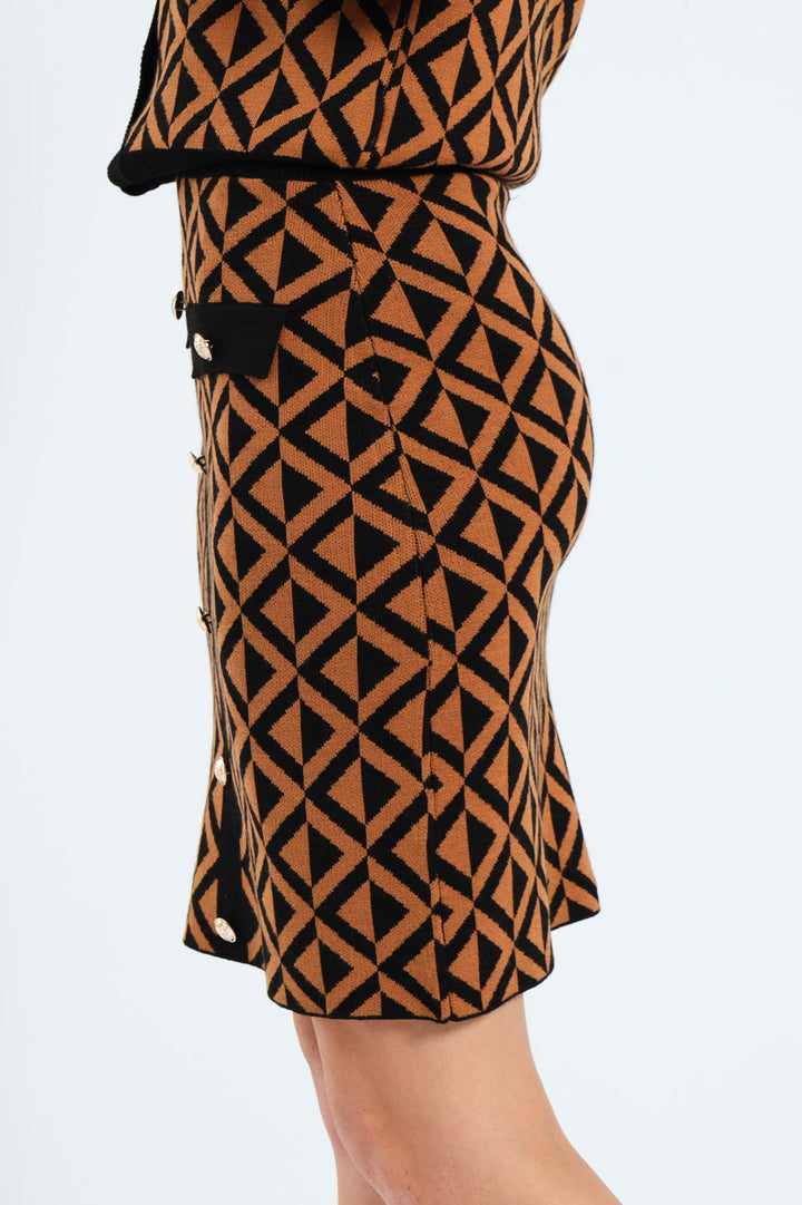 Chevron Knitwear Midi Skirt - Brown