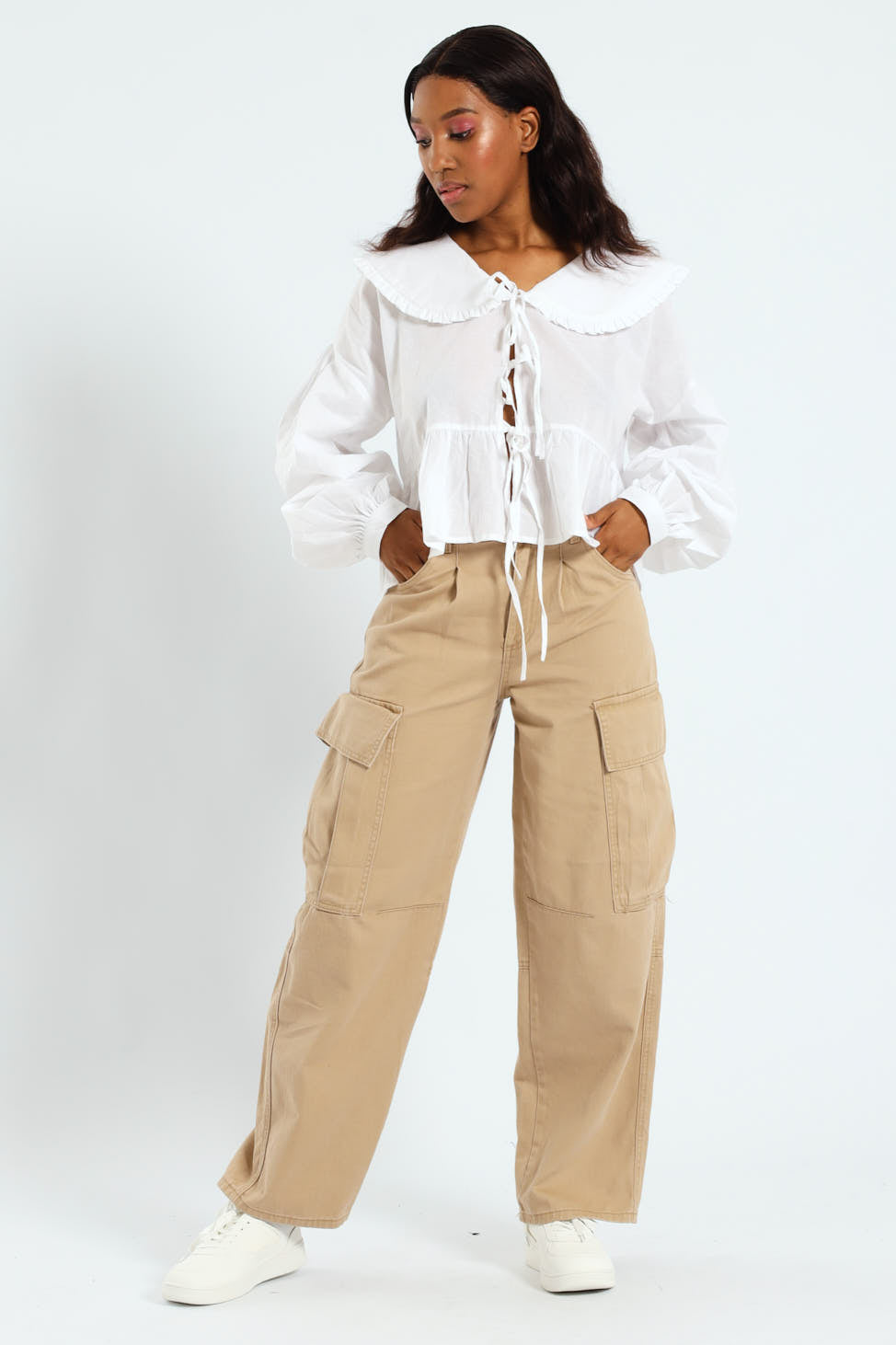 Long Sleeve Oversized Collar Tie Blouse - White