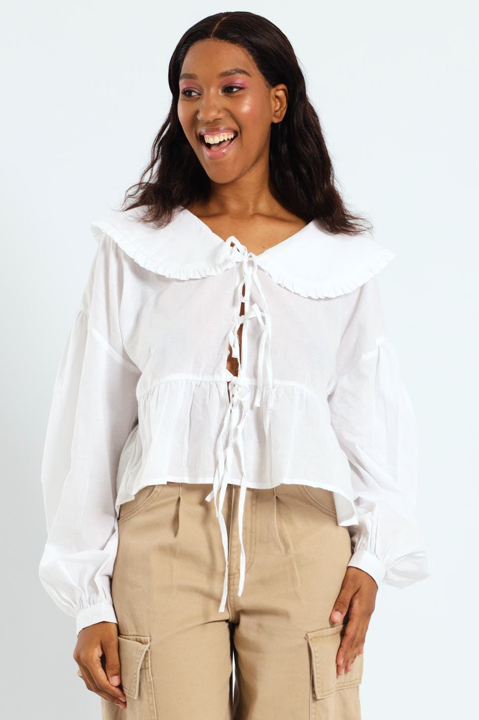 Long Sleeve Oversized Collar Tie Blouse - White