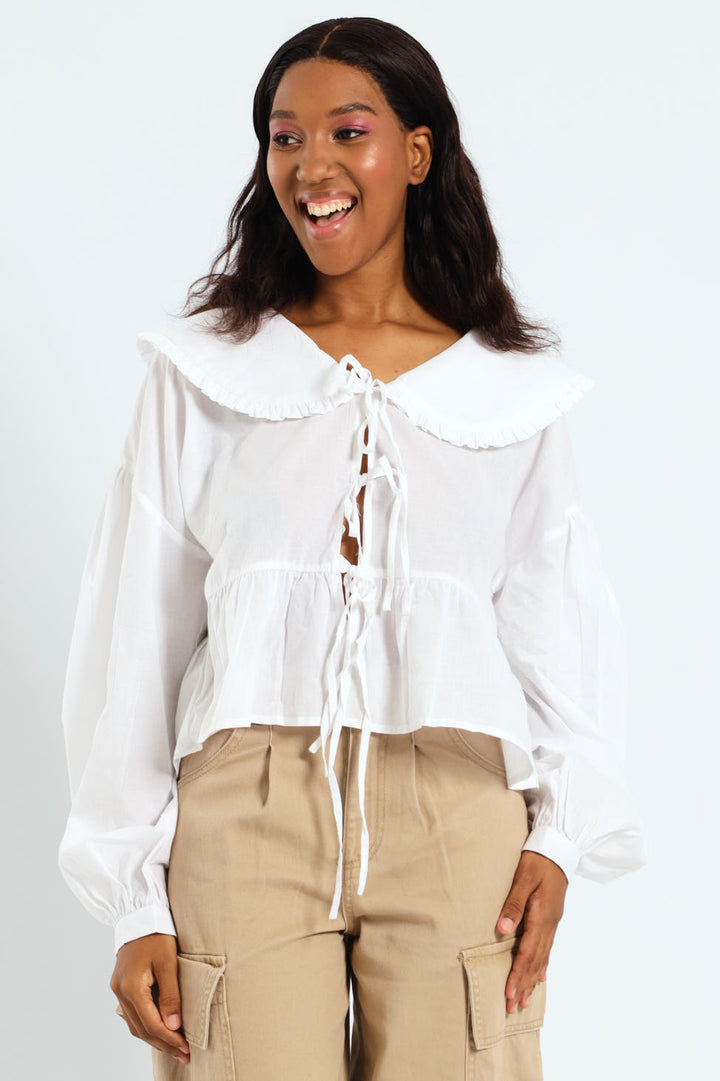 Long Sleeve Oversized Collar Tie Blouse - White