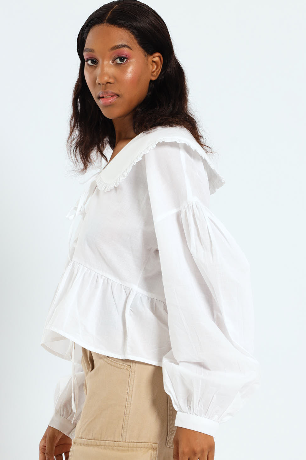 Long Sleeve Oversized Collar Tie Blouse - White