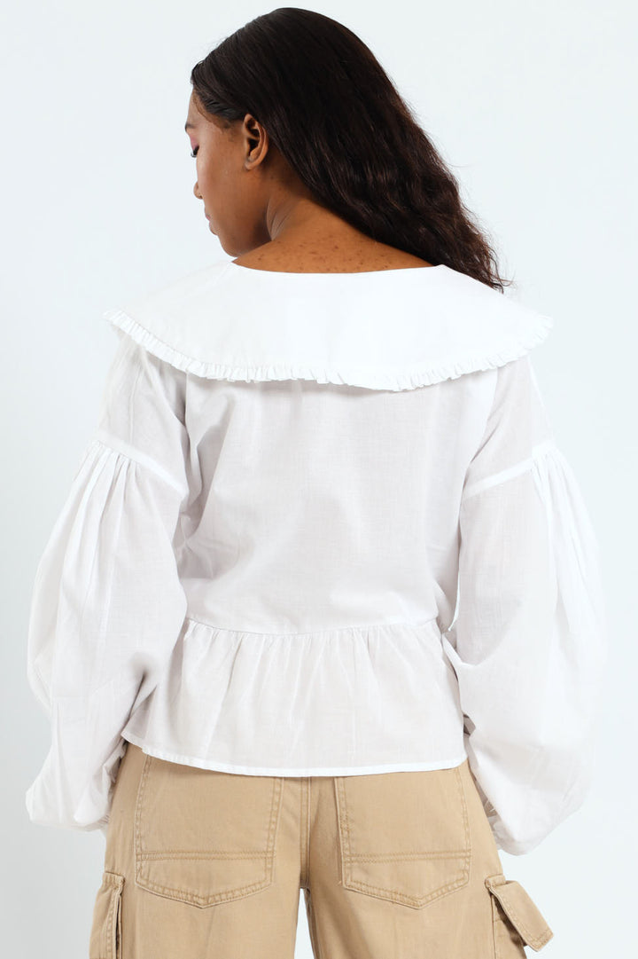 Long Sleeve Oversized Collar Tie Blouse - White