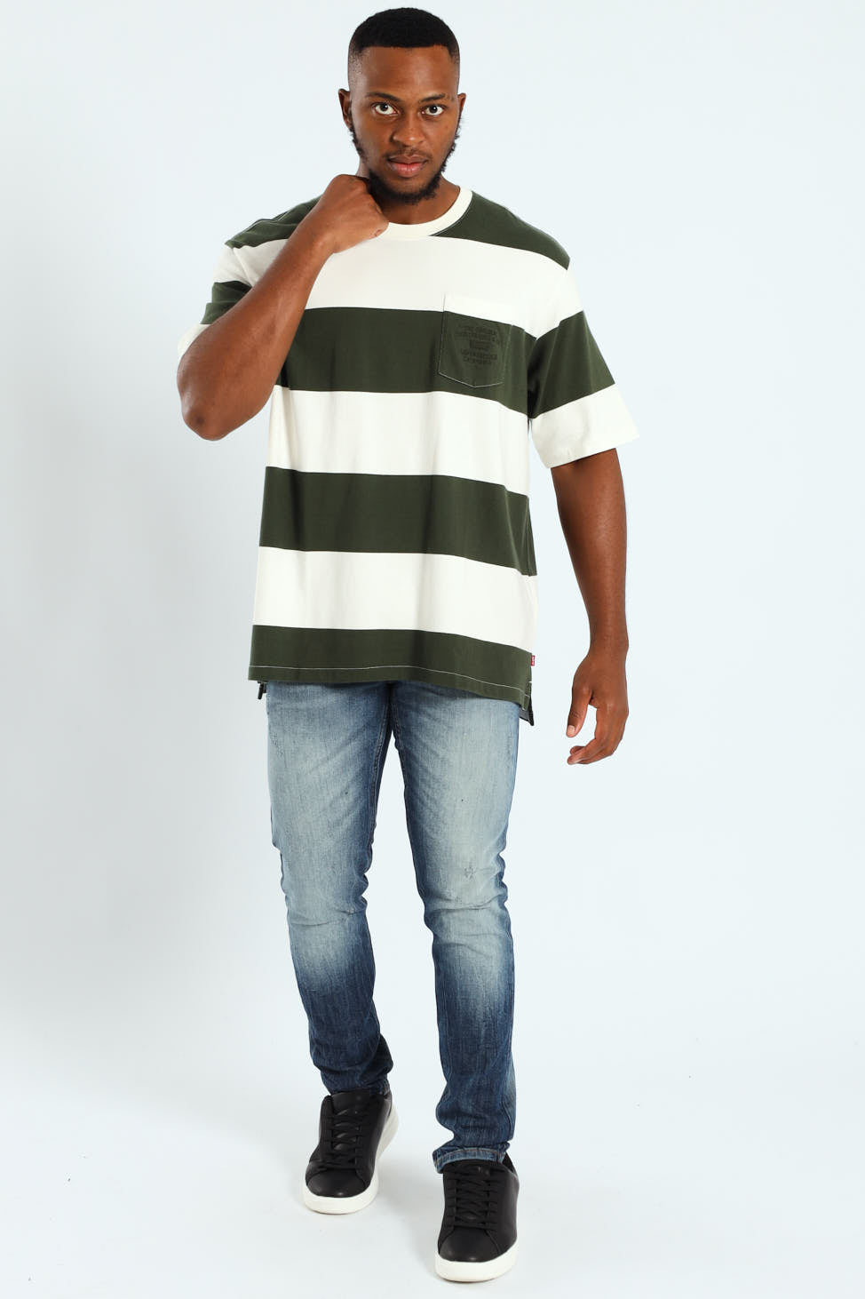 Stepped Hem Half Sleeve Tee - Dark Green/White