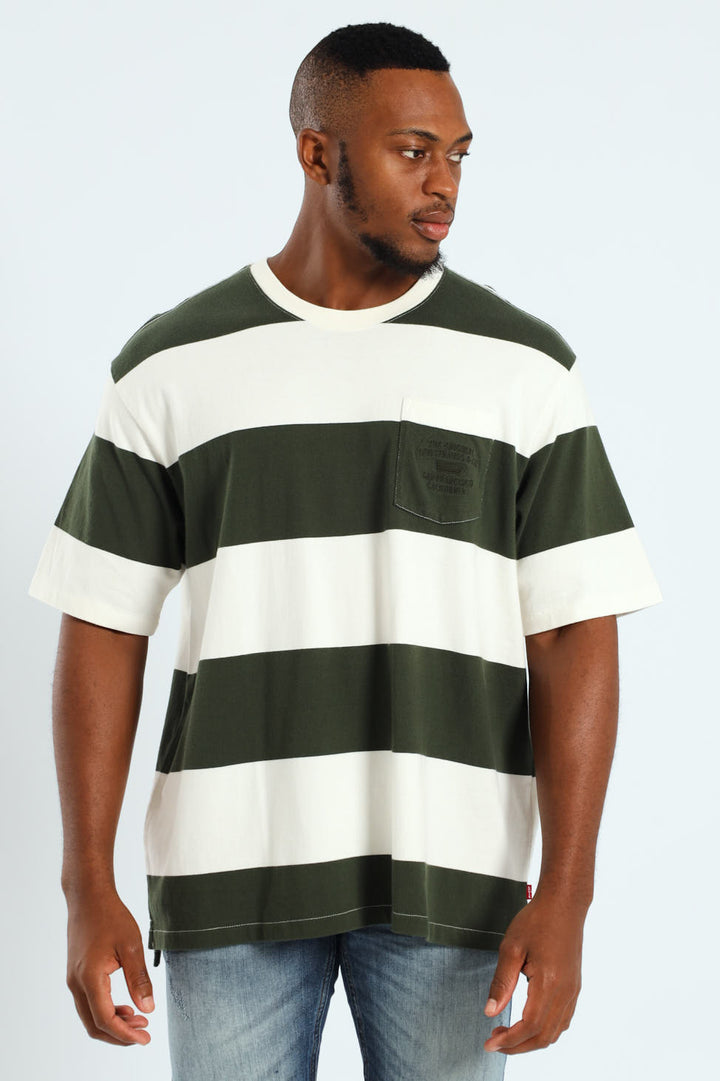 Stepped Hem Half Sleeve Tee - Dark Green/White