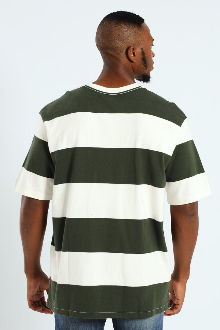 Stepped Hem Half Sleeve Tee - Dark Green/White
