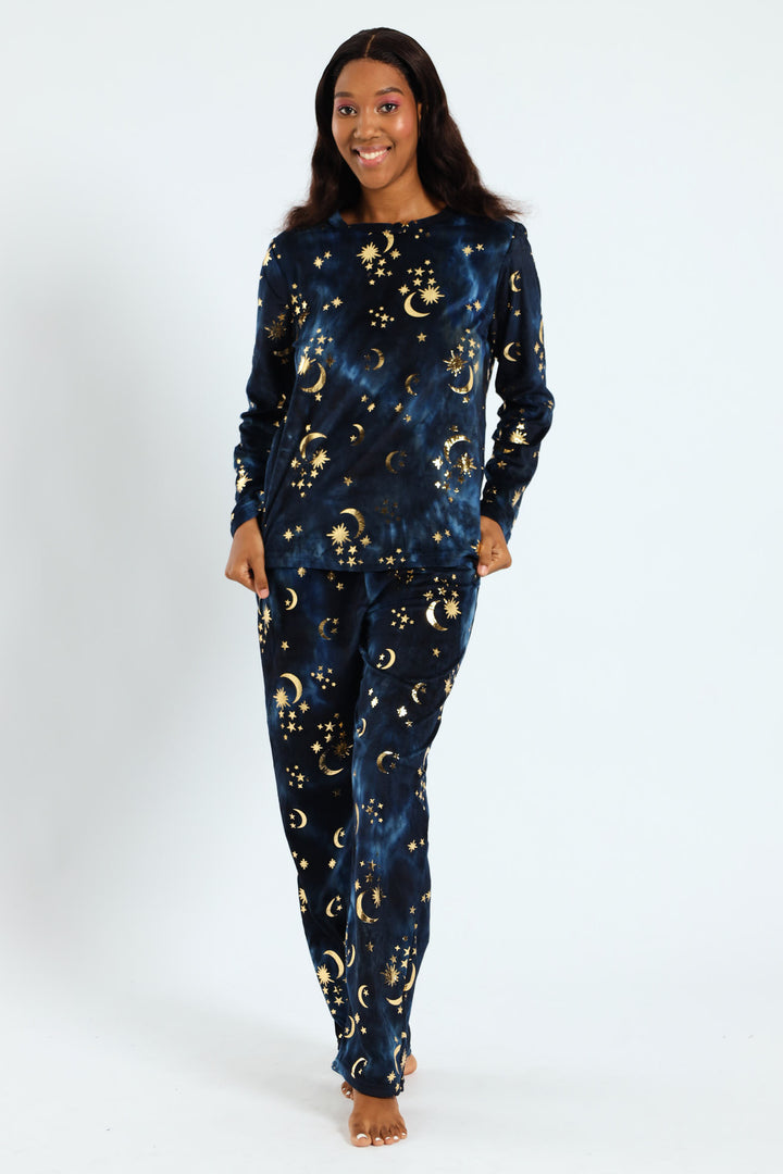 Long Sleeve Night Sky Velour Top & Pants Set - Navy
