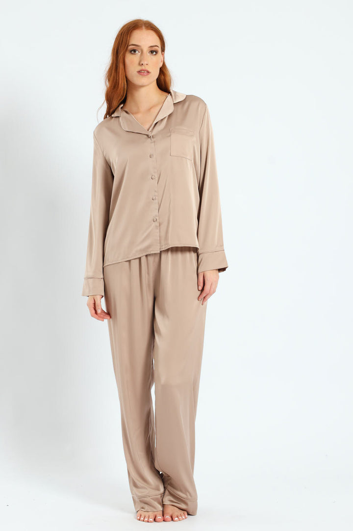 Long Sleeve Satin Button Through Top & Pants Set - Light Stone