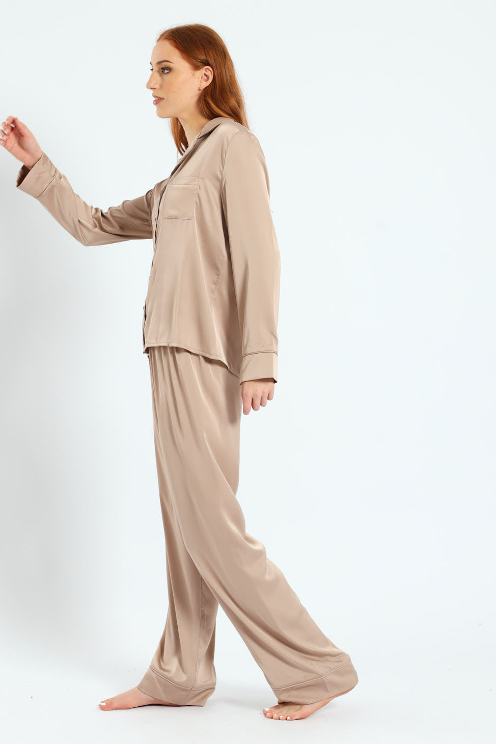 Long Sleeve Satin Button Through Top & Pants Set - Light Stone