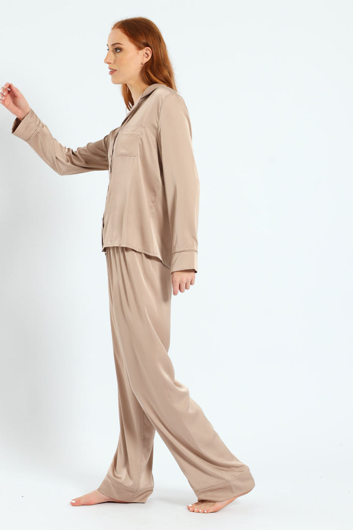 Long Sleeve Satin Button Through Top & Pants Set - Light Stone