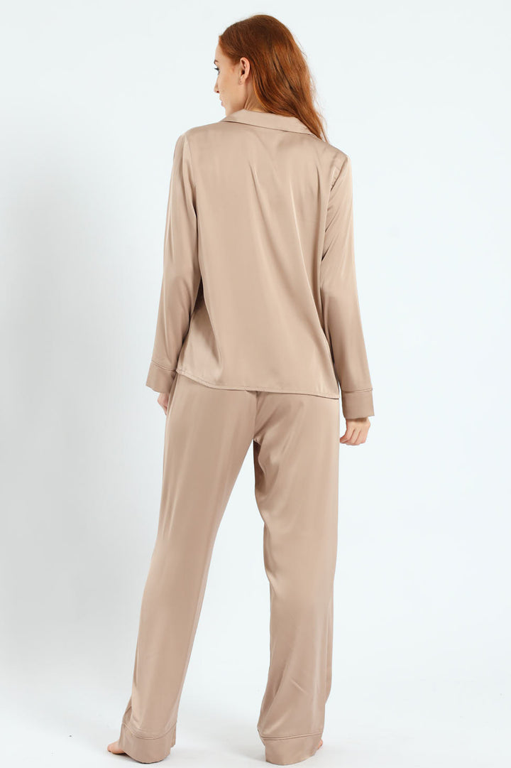 Long Sleeve Satin Button Through Top & Pants Set - Light Stone