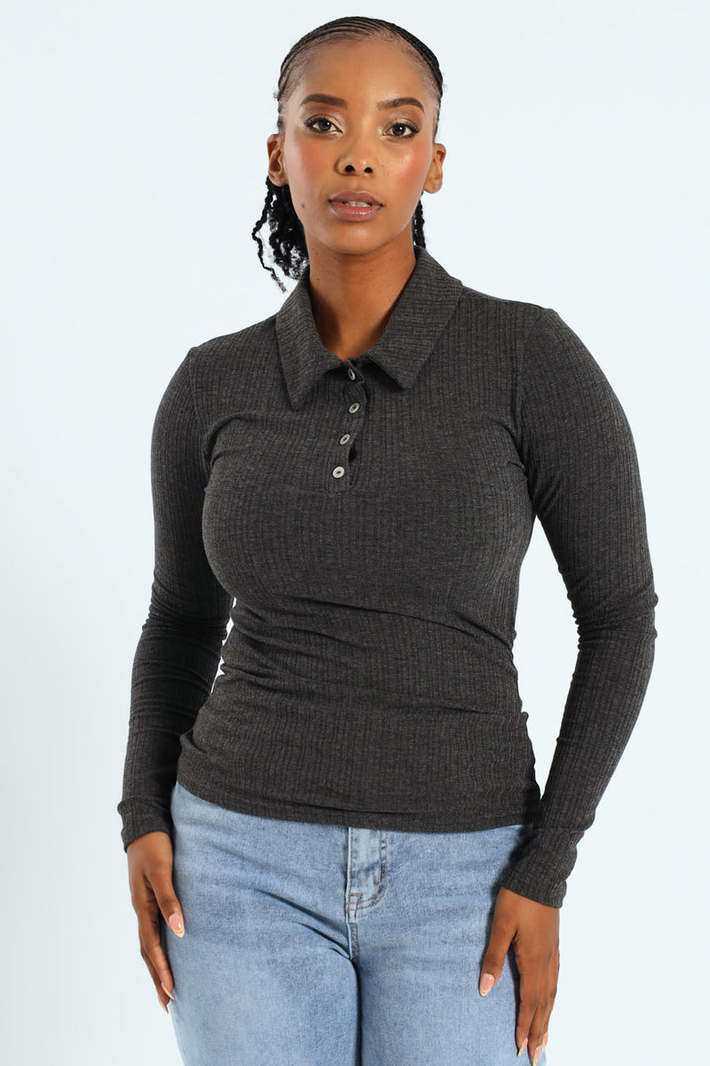 Half Placket Button Detail Rib Golfer Tee - Grey Melange