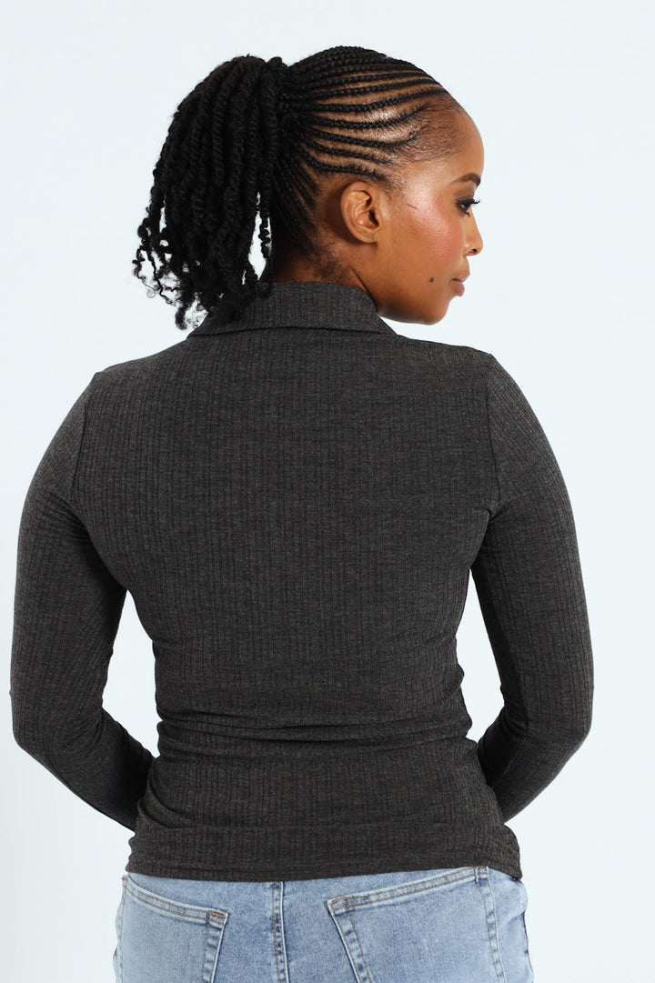 Half Placket Button Detail Rib Golfer Tee - Grey Melange