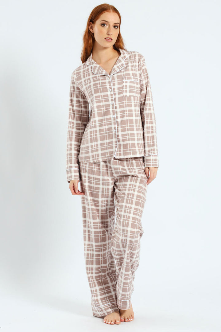 Flannel Check Button Through & Pants Set - Brown