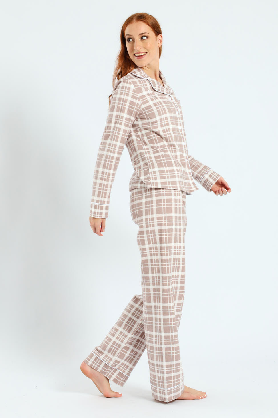 Flannel Check Button Through & Pants Set - Brown