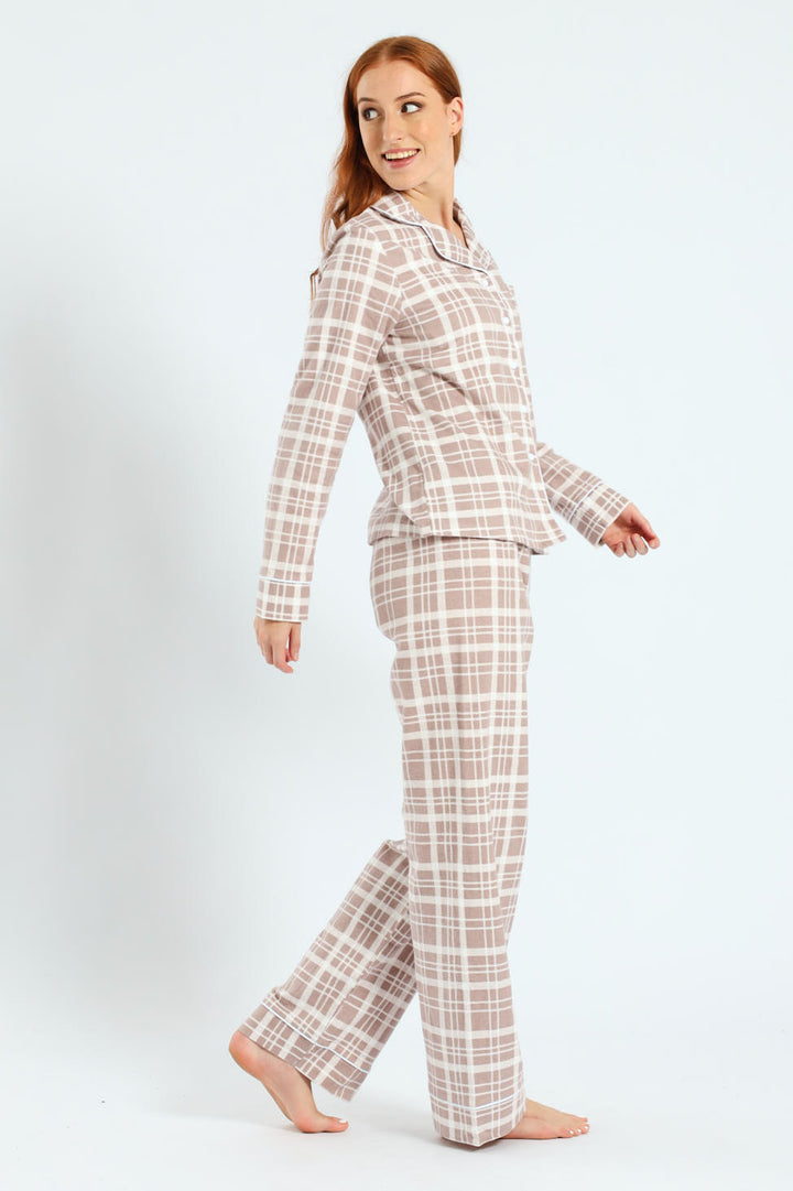 Flannel Check Button Through & Pants Set - Brown