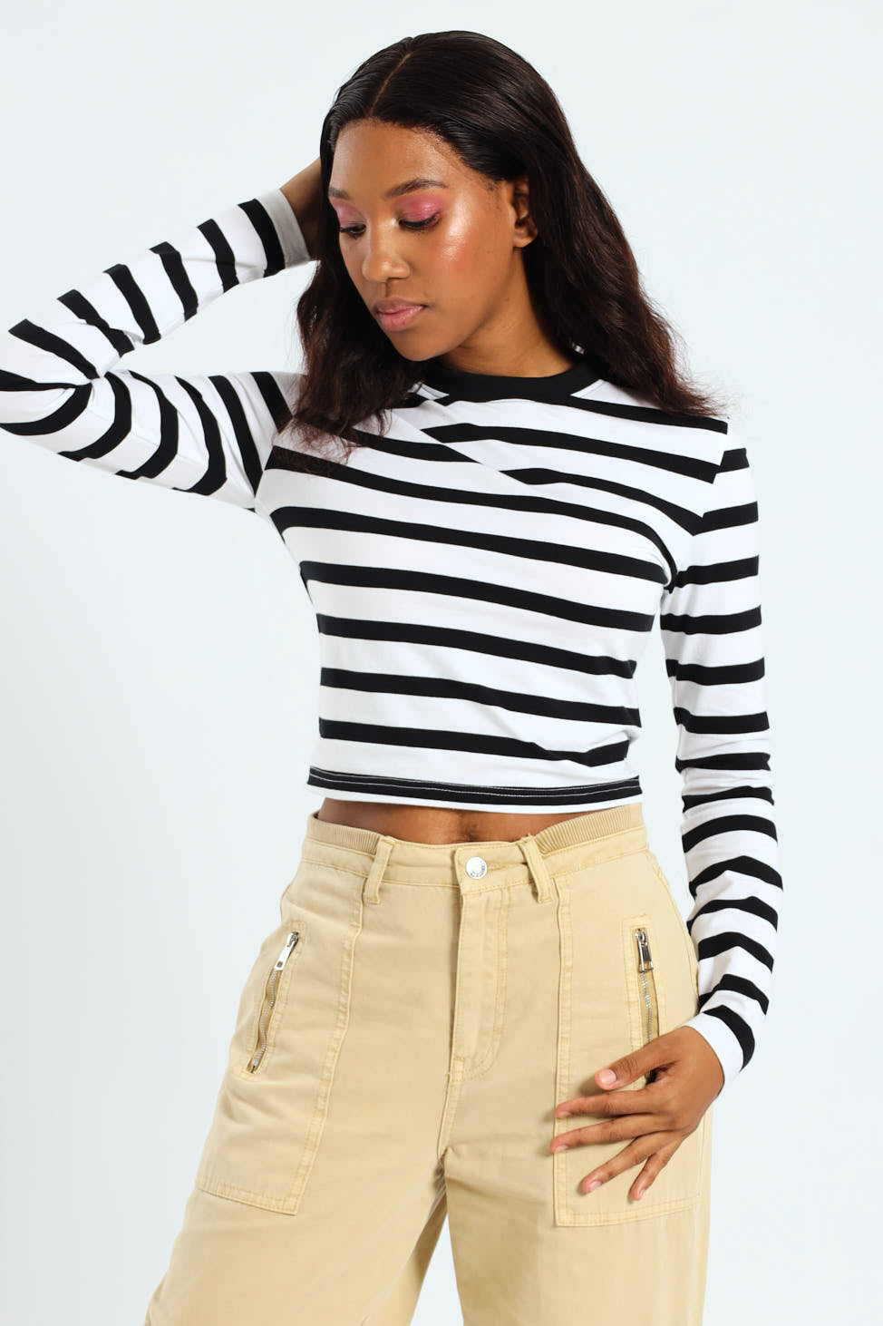 Striped Long Sleeve Basic Tee - Black/White