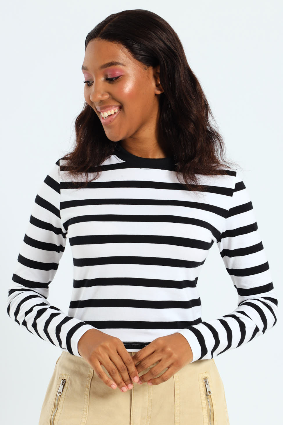 Striped Long Sleeve Basic Tee - Black/White