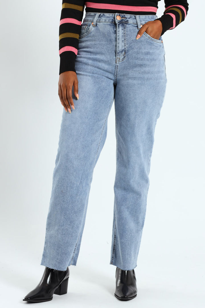 Hi-Rise Straight Leg Raw Hem Denim - Light Wash