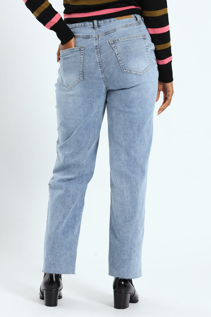 Hi-Rise Straight Leg Raw Hem Denim - Light Wash