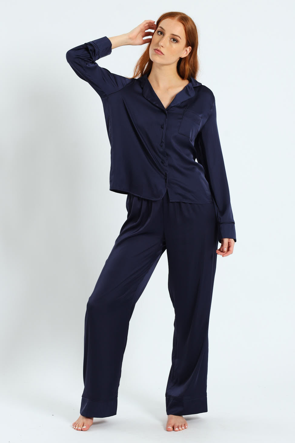 Long Sleeve Satin Button Through Top & Pant Set - Navy
