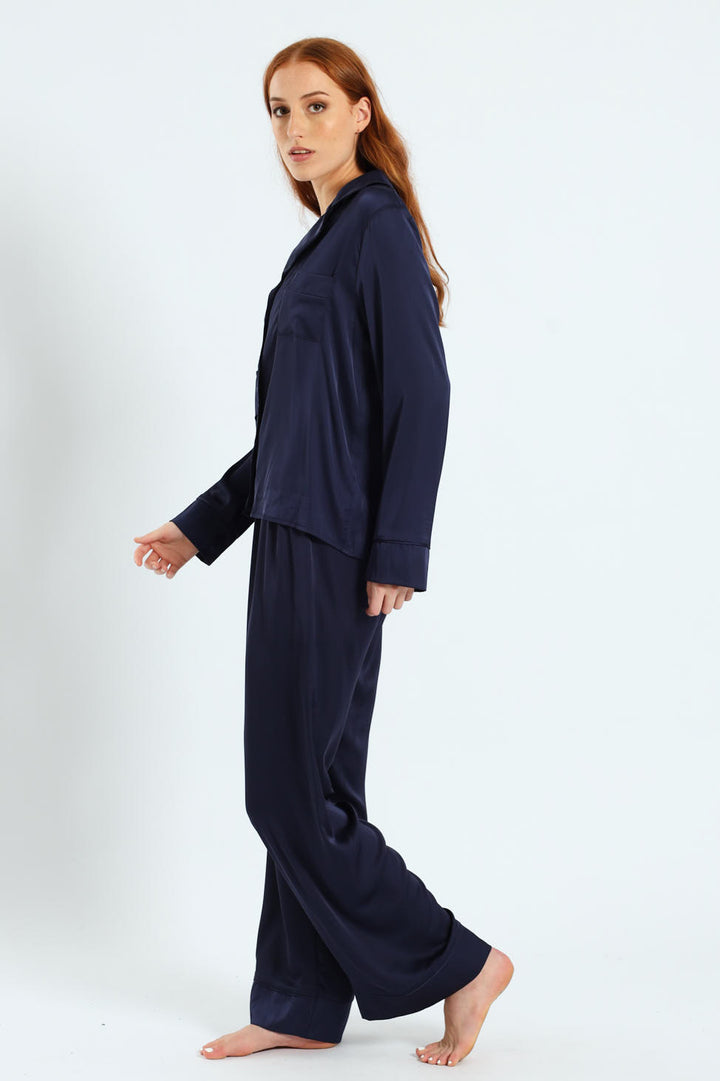 Long Sleeve Satin Button Through Top & Pant Set - Navy