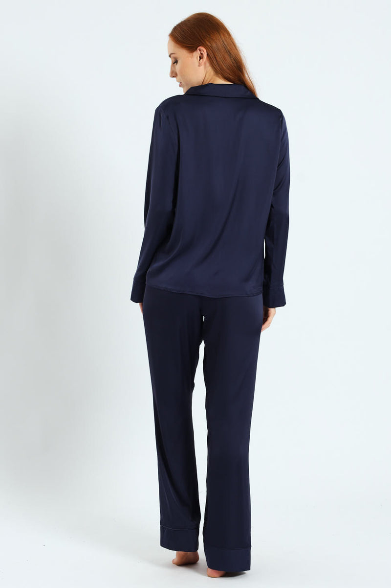 Long Sleeve Satin Button Through Top & Pant Set - Navy