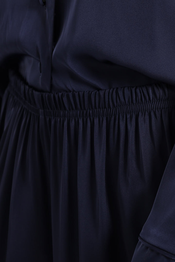 Long Sleeve Satin Button Through Top & Pant Set - Navy