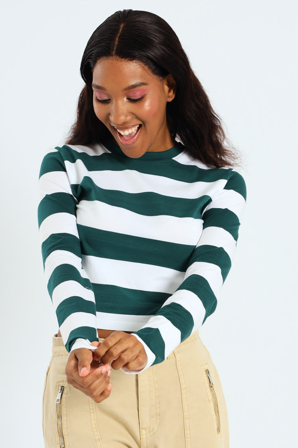 Long Sleeve Striped Basic Tee - Bottle Green