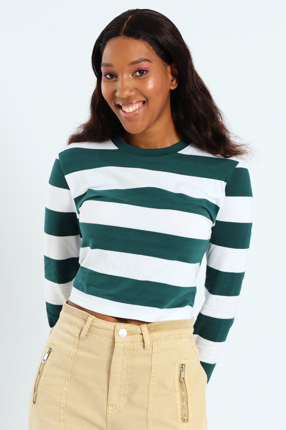 Long Sleeve Striped Basic Tee - Bottle Green