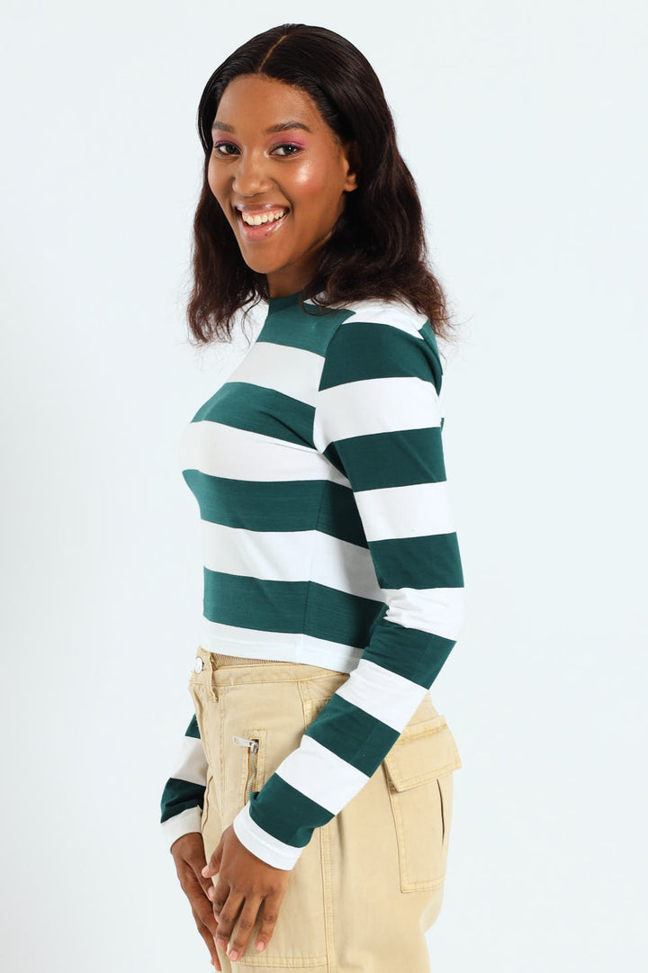 Long Sleeve Striped Basic Tee - Bottle Green