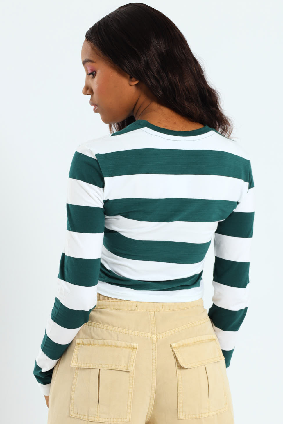 Long Sleeve Striped Basic Tee - Bottle Green
