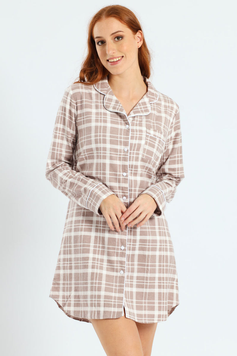 Button Through Flannel Check Sleepshirt - Brown