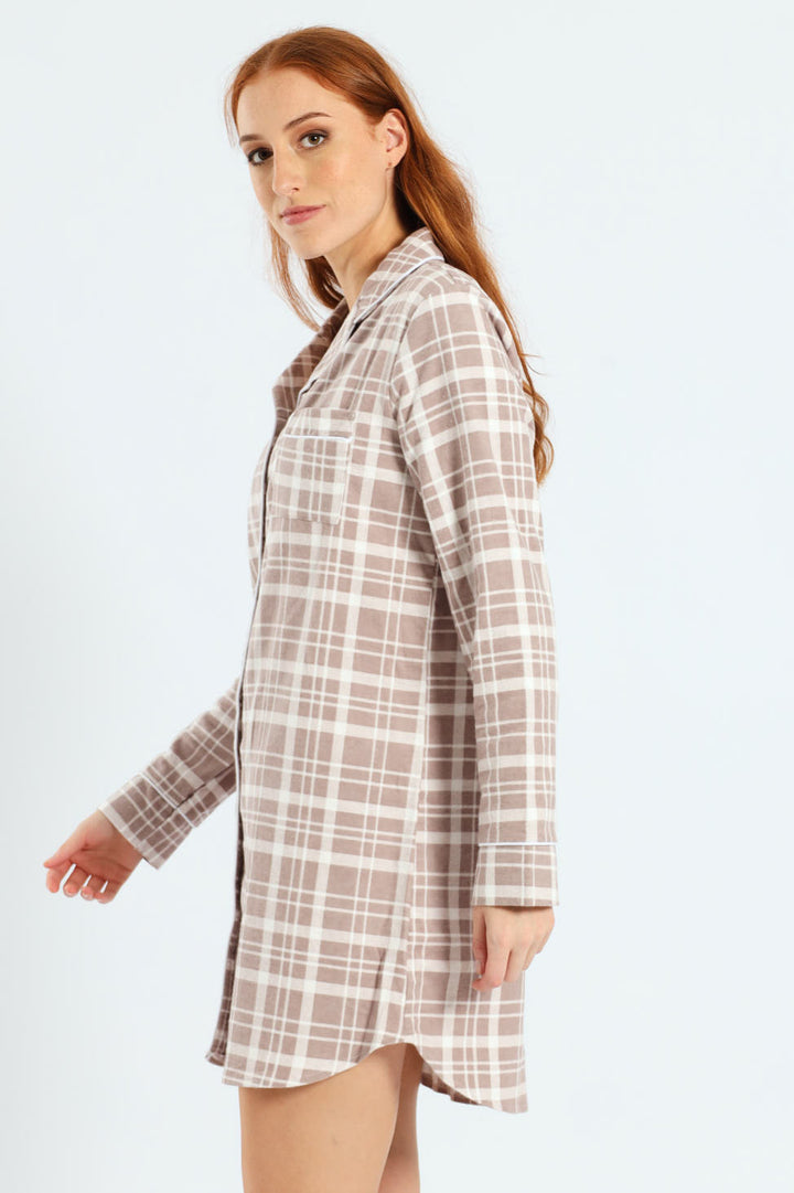 Button Through Flannel Check Sleepshirt - Brown
