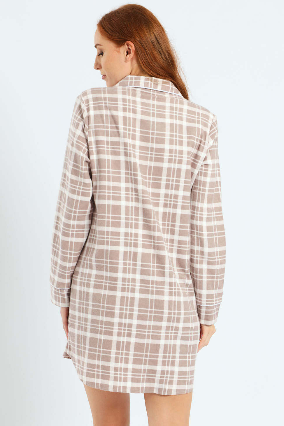 Button Through Flannel Check Sleepshirt - Brown