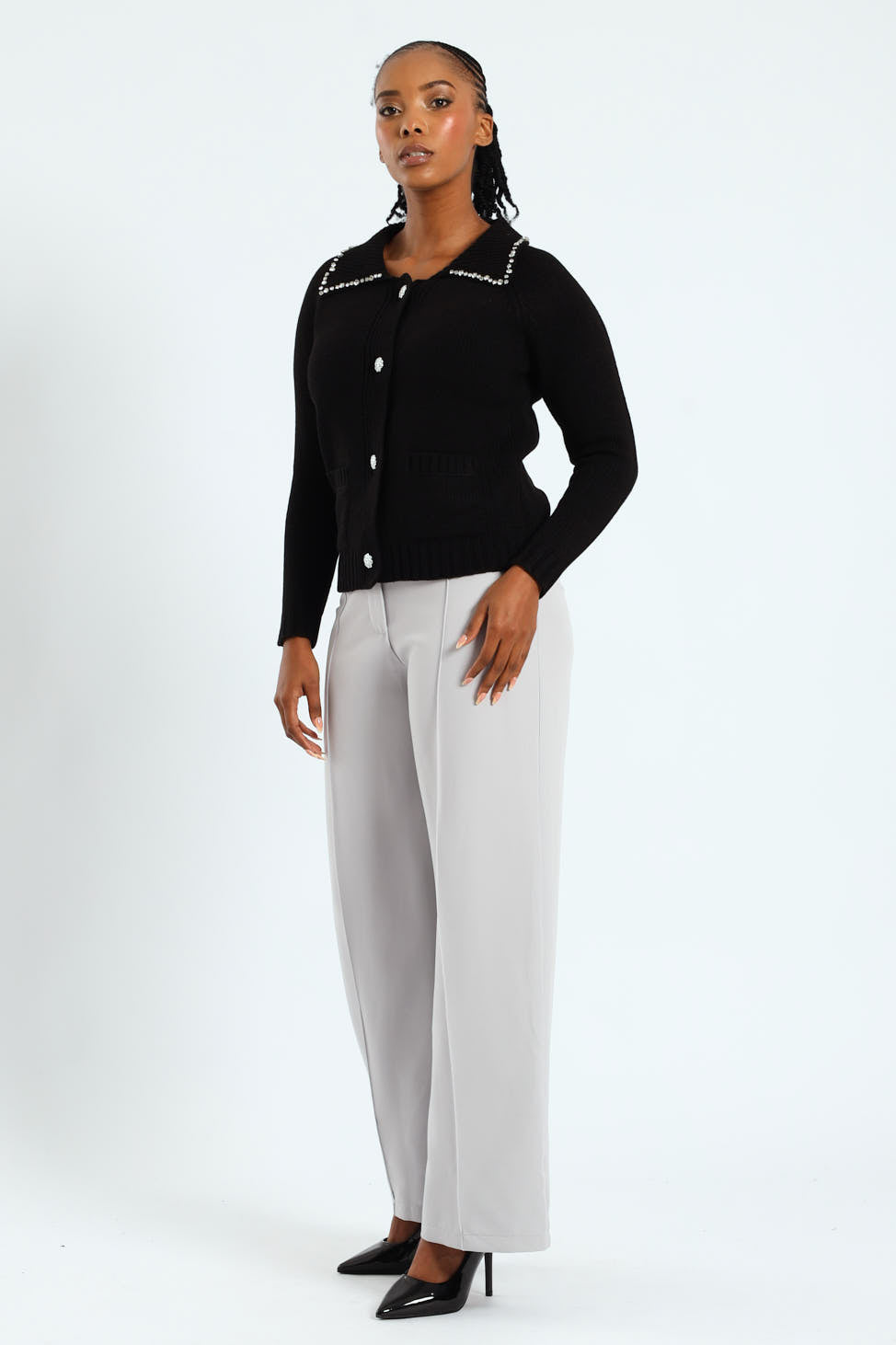 Collared Cardigan With Diamante Trim - Black