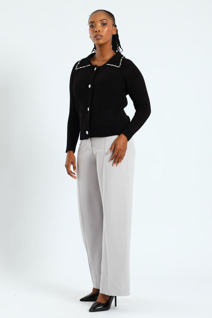 Collared Cardigan With Diamante Trim - Black